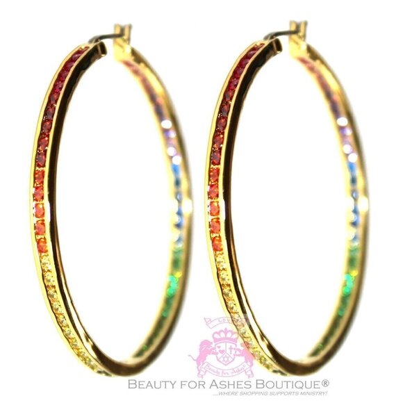 Women Gods Promise 2" Hoop Rainbow Cubic Zirconia Glam Earrings Gala Gold Plated - Picture 1 of 5